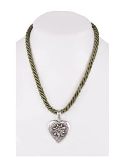 Halskette K100 Kordel Herz Mit Edelweiss Oliv