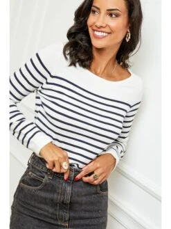 Pullover In Weiß/ Dunkelblau -Bekleidungsförderung Laden soft cashmere pullover in weiss dunkelblau 4