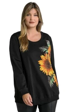 Ulla Popken Sweatshirt Sonnenblumen Rundhals In Schwarz
